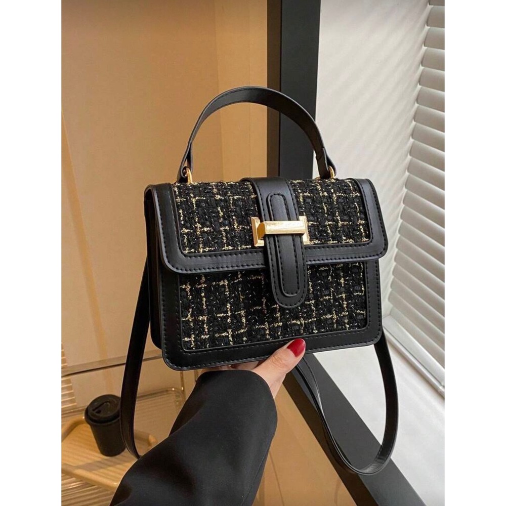 Black‎ Tweed Plaid Crossbody Bag Gold Hardware Top Handle Satchel Small Purse